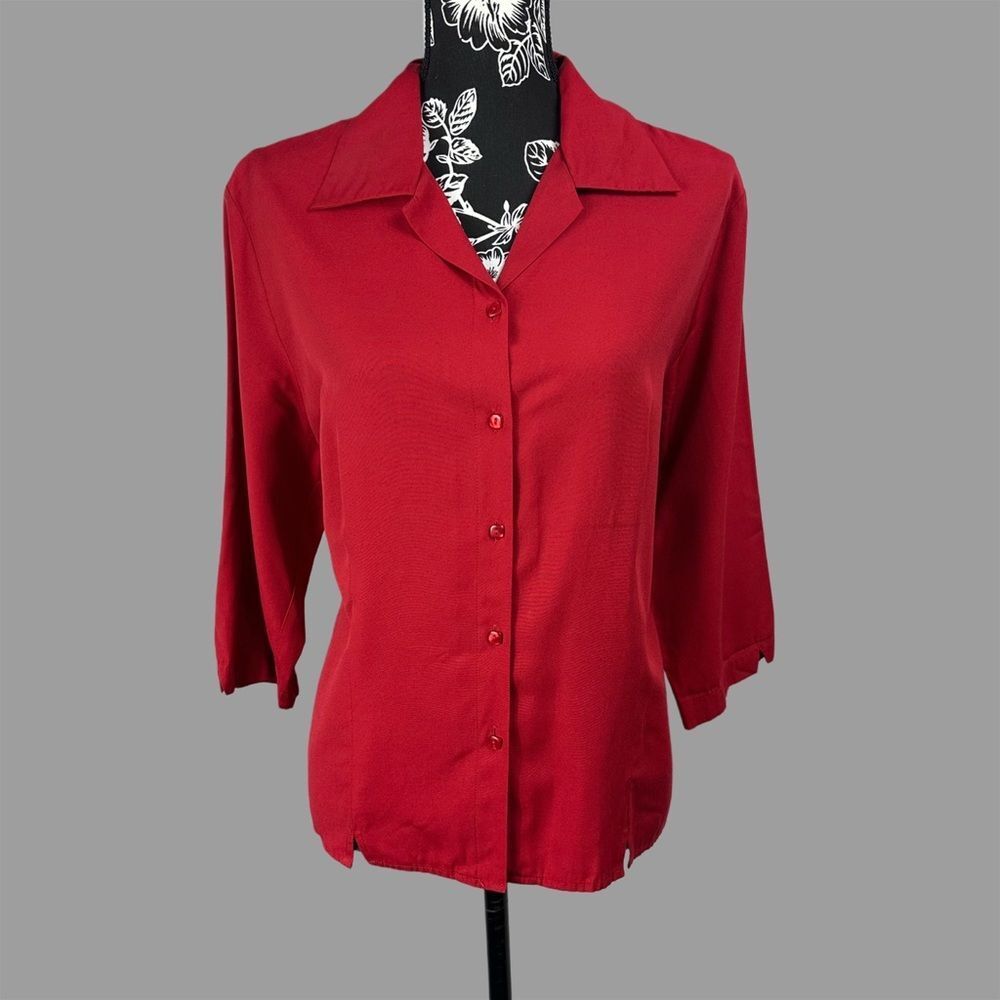 Karen Scott Collared 3/4 Sleeve Button-Up Blouse - Women’s Large - Deep Red